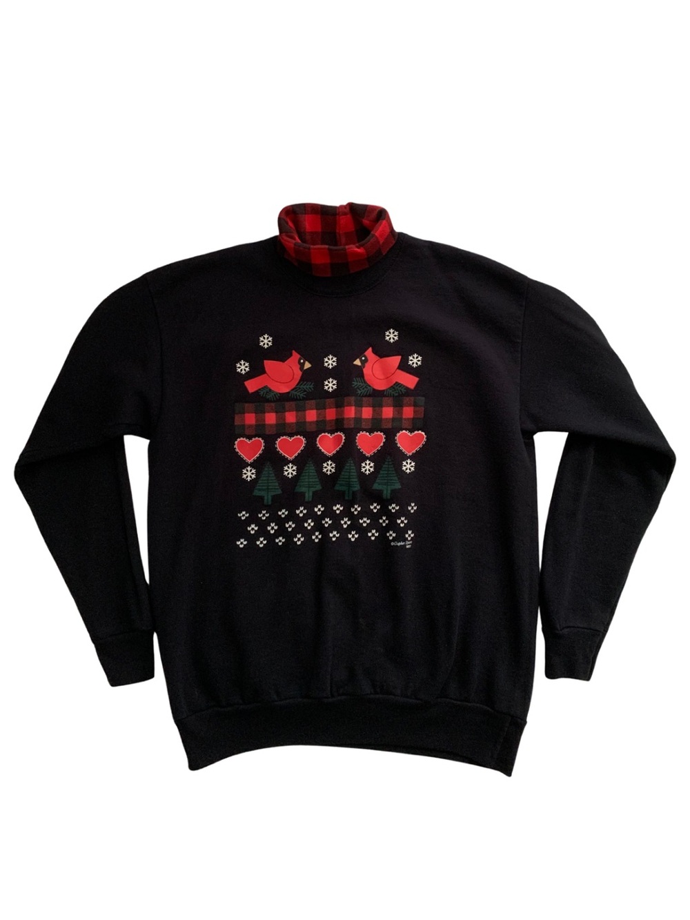 Classic Black Turtleneck Sweater Red Plaid Collar Festive Motifs Women’s XL Vtg